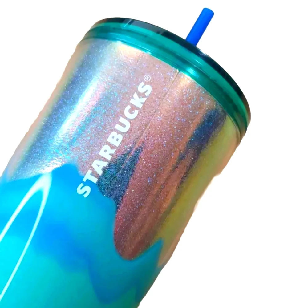 Starbucks Cold Cup Tumbler Straw Lid Silver Glitter Blue Ombre 2022 24 Oz NWT
